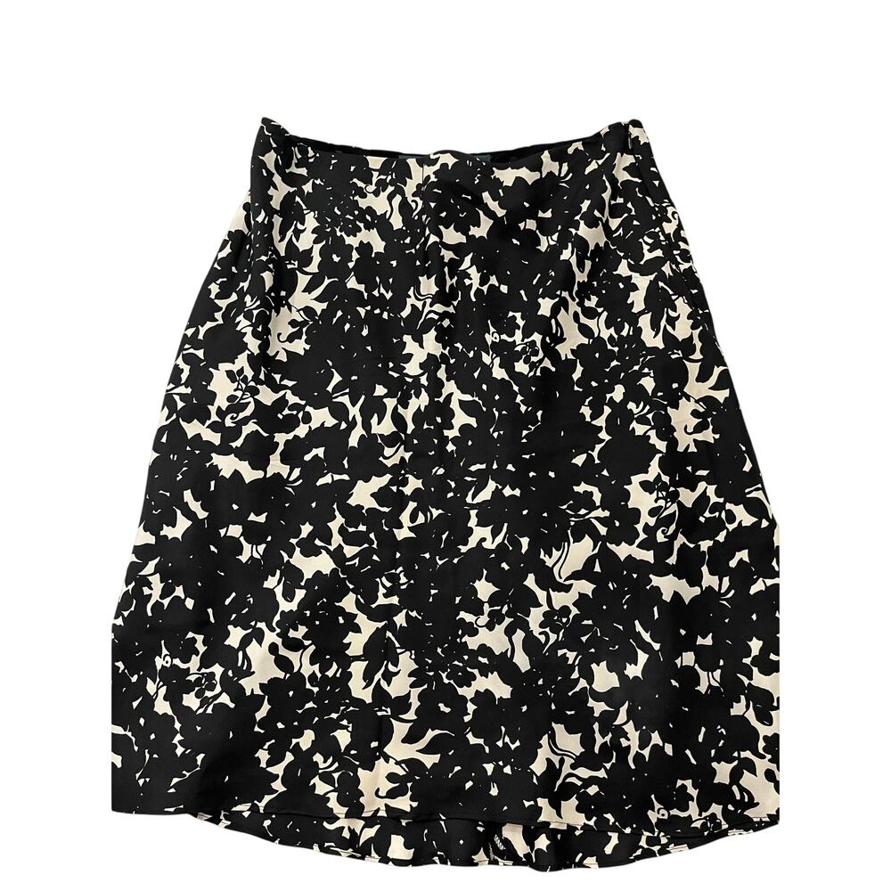 Lauren Ralph Lauren 100% Silk Black & White Floral A-Line Skirt Size 8